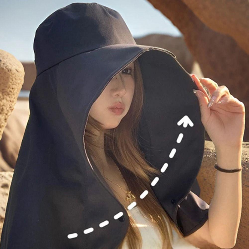 Wind Proof Large Brim Sun Hat Solid Color Sun Protection Cap Extended Fisherman's Caps  Summer
