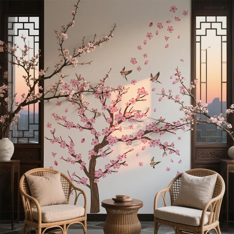 Kreativer Bunter Tuschemalerei Blumiger Pfirsichbaum Zweig Vogel Wandaufkleber Hintergrundwand Heimdekoration Selbstklebender Wandaufkleber