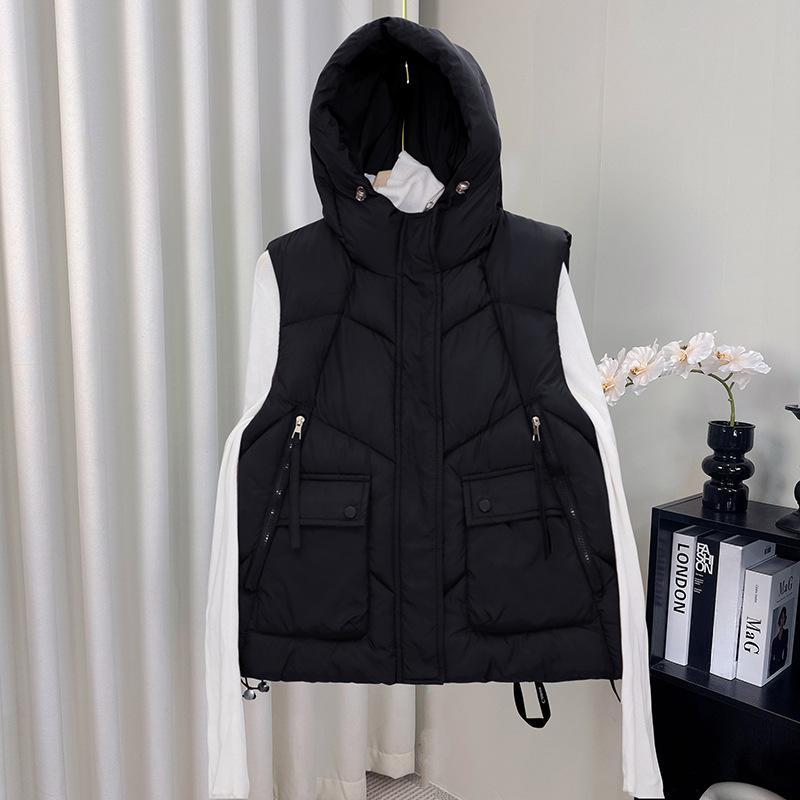 

Женский свободный короткий теплый пуховый жилет без рукавов с капюшономНовый осенне-зимний женский пуховый жилет XL чёрный