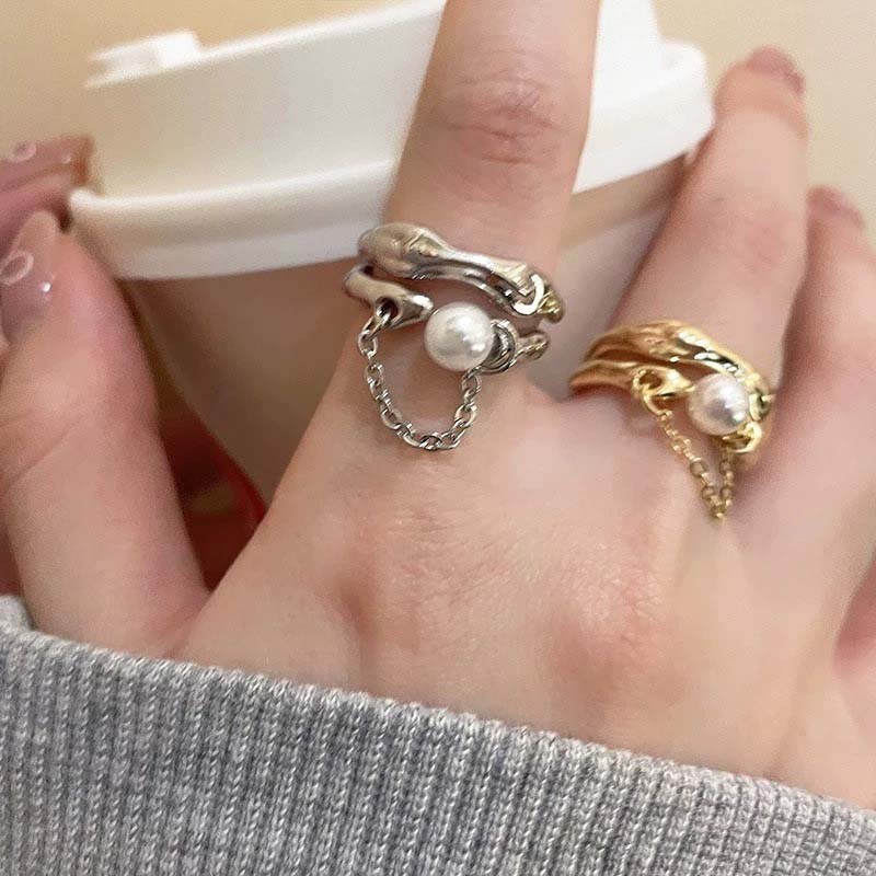 Fashion Zinc Alloy Color Pearl Chain Cuff Ring For Women Couples Simple Metal Double-Layer Adjustable Ring Bride Zircon Gifts
