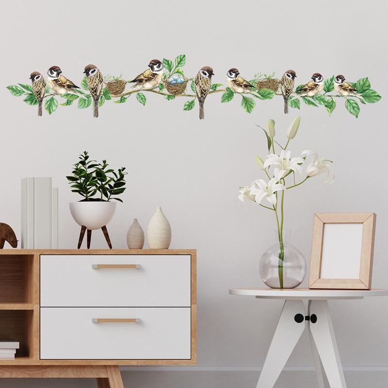 Cute Sparrow In Nest On Branch Wall Stickers Whimsical Woodland Wall Art for Kids Room and Kindergarten Decor