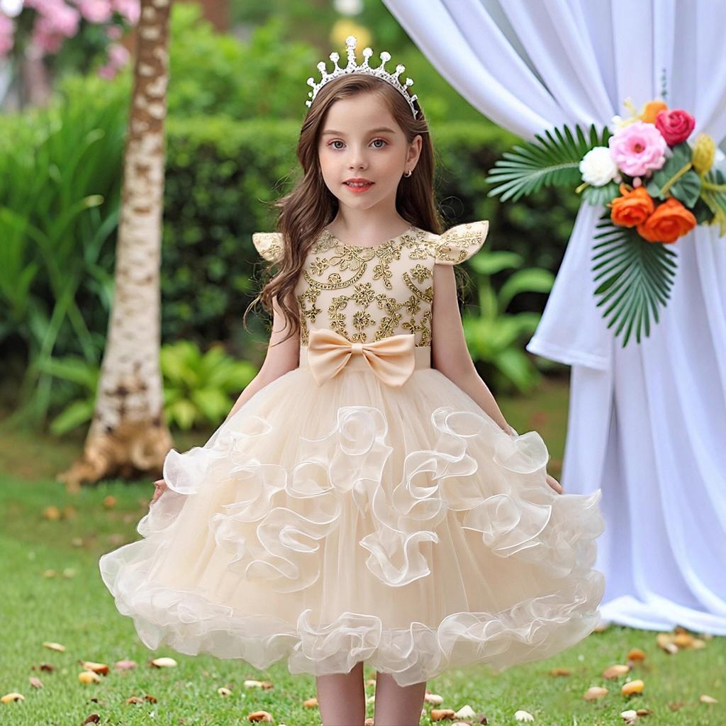 Kinder-Prinzessinnenkleid, Aufführungskostüm, Mädchen-Pailletten-Tüll-Spitzenkleid