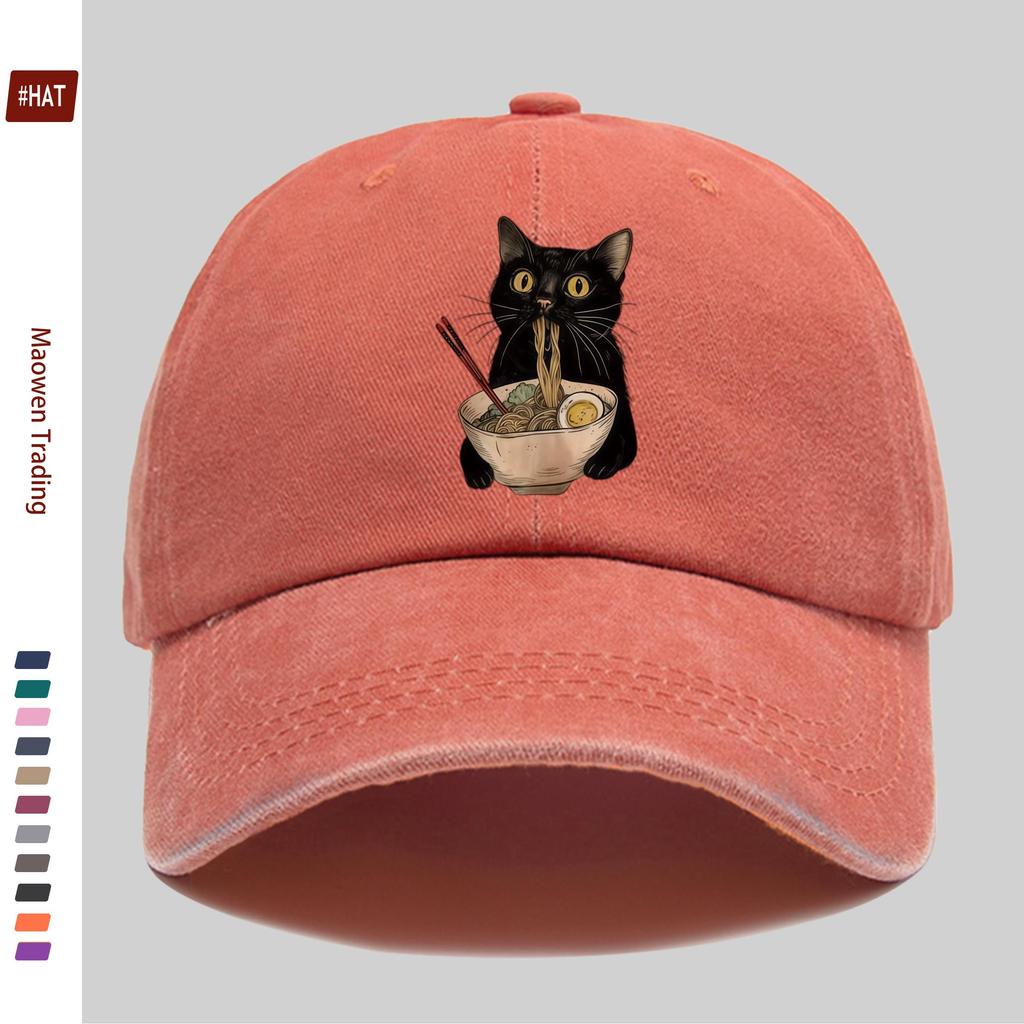 pc pcs Adjustable Trucker Cap with Kitten Eating Ramen Print Vintage Washed Unisex Baseball Hat Suitable for Men Women Li