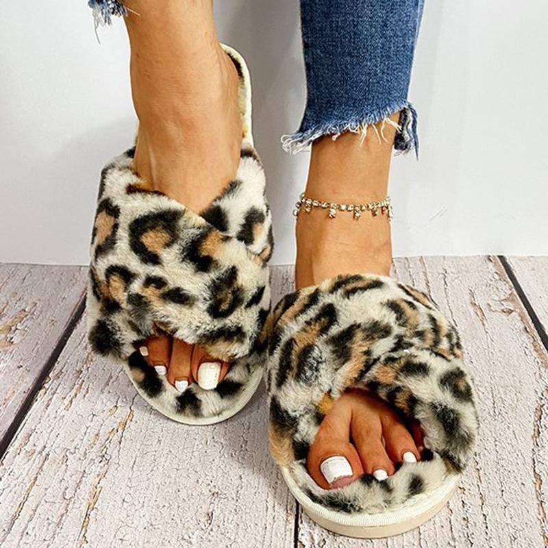 Fashion Leopard Print Fluffy Indoor Slippers for Women Open Toe Cross Strap Plush Slides Woman Winter Faux Fur Comfort House Slippers