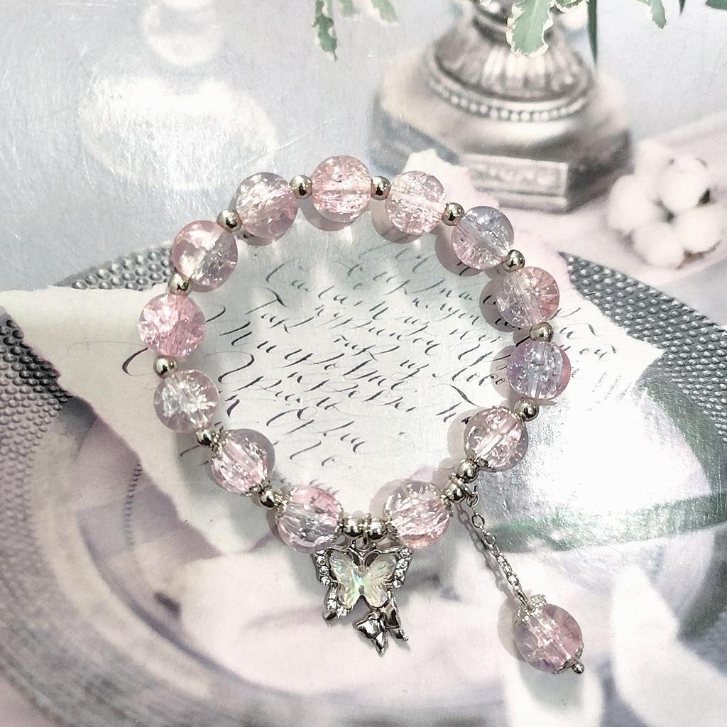New Women's Mori Style Butterfly Glass Bracelet with Colorful Crackle Beads