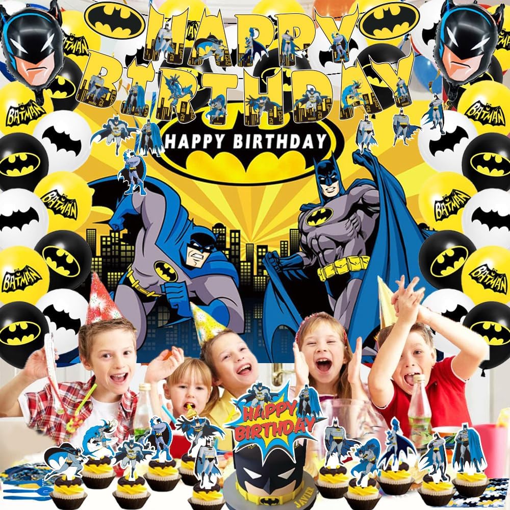 Bat Birthday Decorations, Hero Party Supplies Including Backdrop, Birthday Banner, Tablecloth, Hanging Swirls, Balloons, Cake Toppers, Plates, Forks