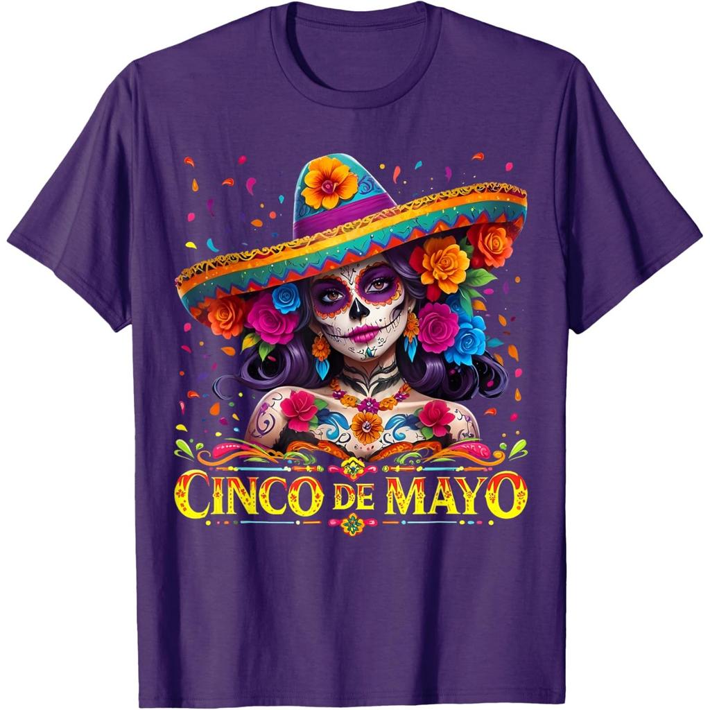 Cinco De Mayo Sugar Skull Women Sombrero Graphic T-Shirt Casual Cotton Tee