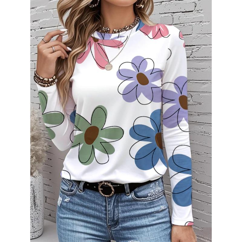 Women's T-shirts 3D Small Fresh Floral Print Fashion Long Sleeve Round Neck Regular Top Holiday Weekend Spring and Autumn