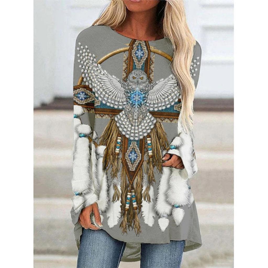 Western Aztec Ethnic 3D Print Langermede T-skjorter Bohemian Women Vintage Fashion T-skjorte Oversized Streetwear T-skjorter for kvinner Topper