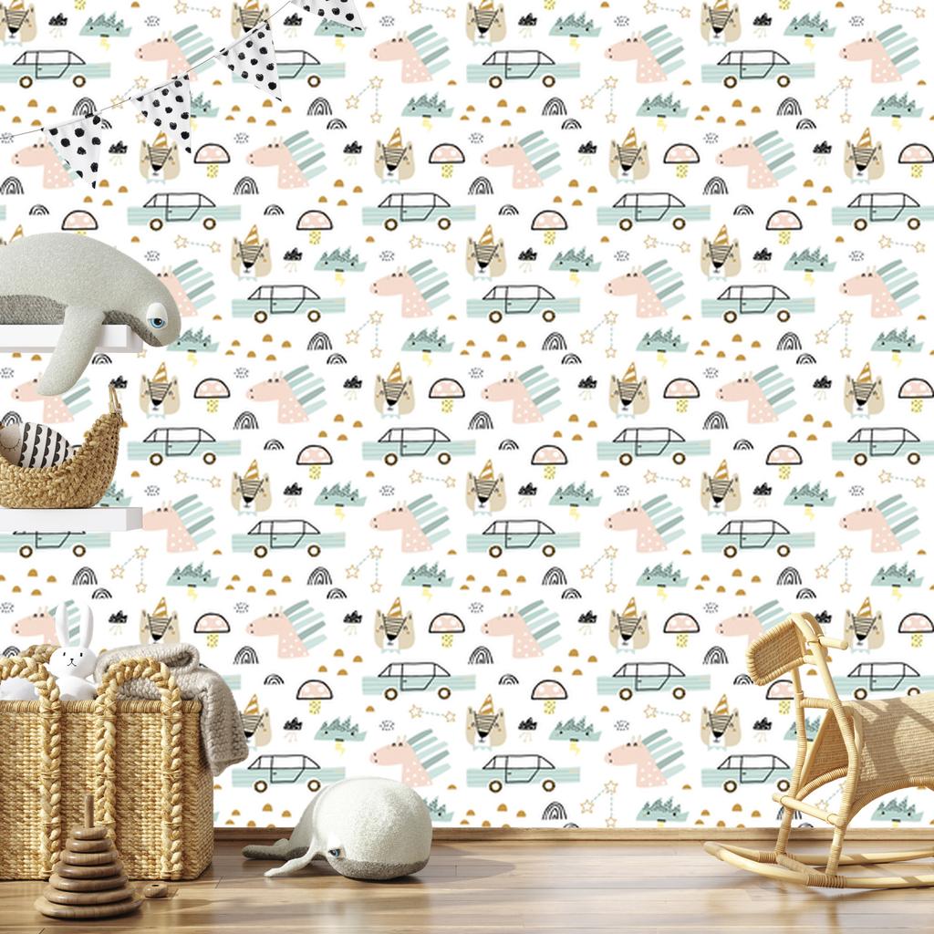 Cars, animals and stars wallpaper for living room and bedroom 50x1000