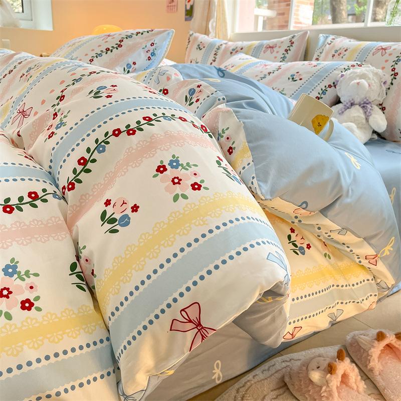 Set din patru piese prințesă drăguț din bumbac, husă de pilota din bumbac pur, husă de pilota de lenjerie de pat, set din trei piese pentru dormitor