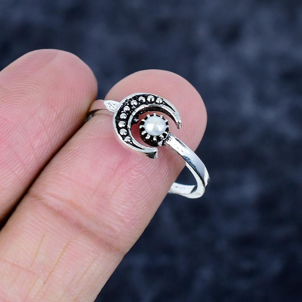 Pearl Gemstone Handmade 925 Sterling Silver Jewelry Ring Size 10 MM-3448