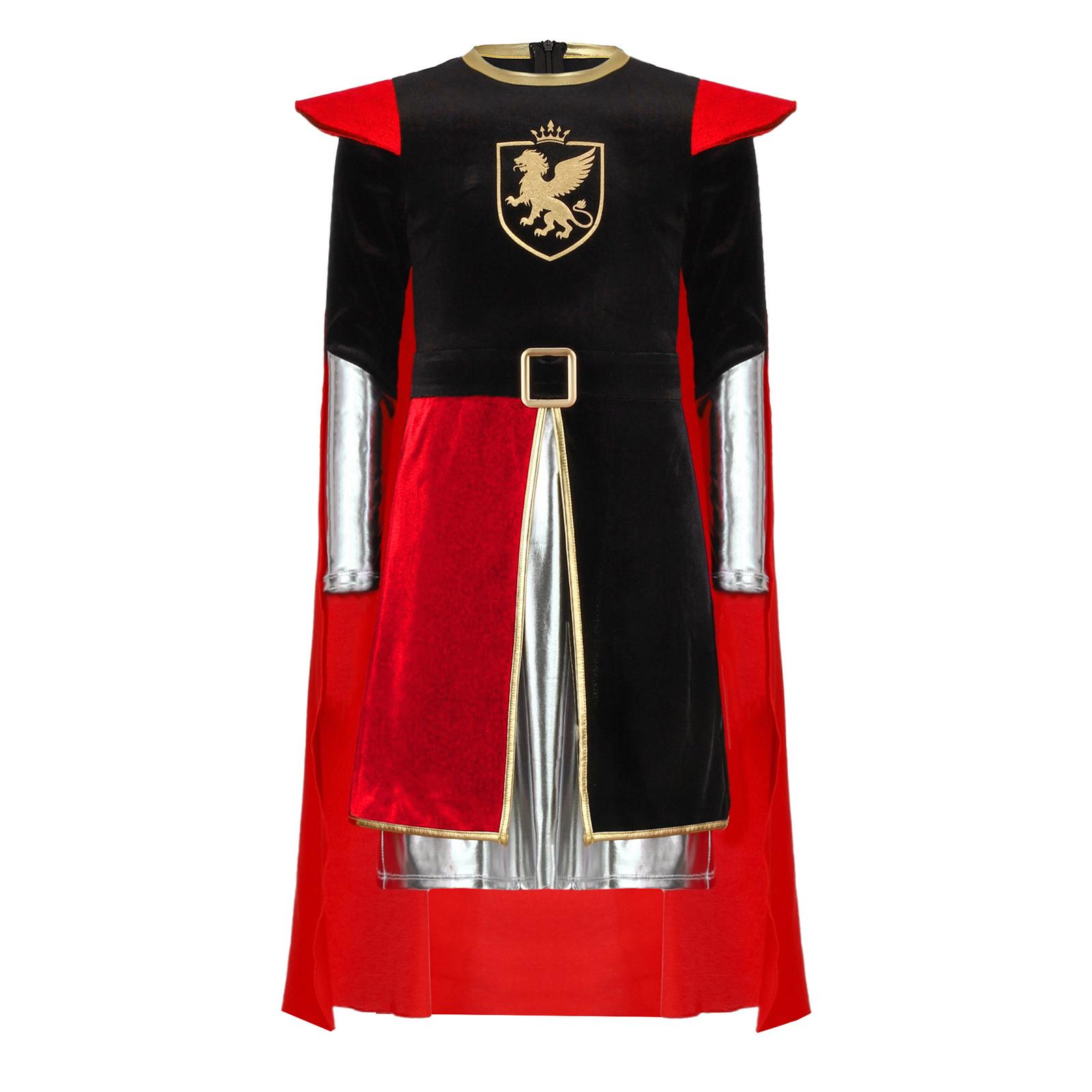 

Boys Knight Costume Metallic Gloss Patchwork Top Back Invisible Zipper Long Sleeve Detachable Cape Cosplay Outfit 5-6 Years червоний