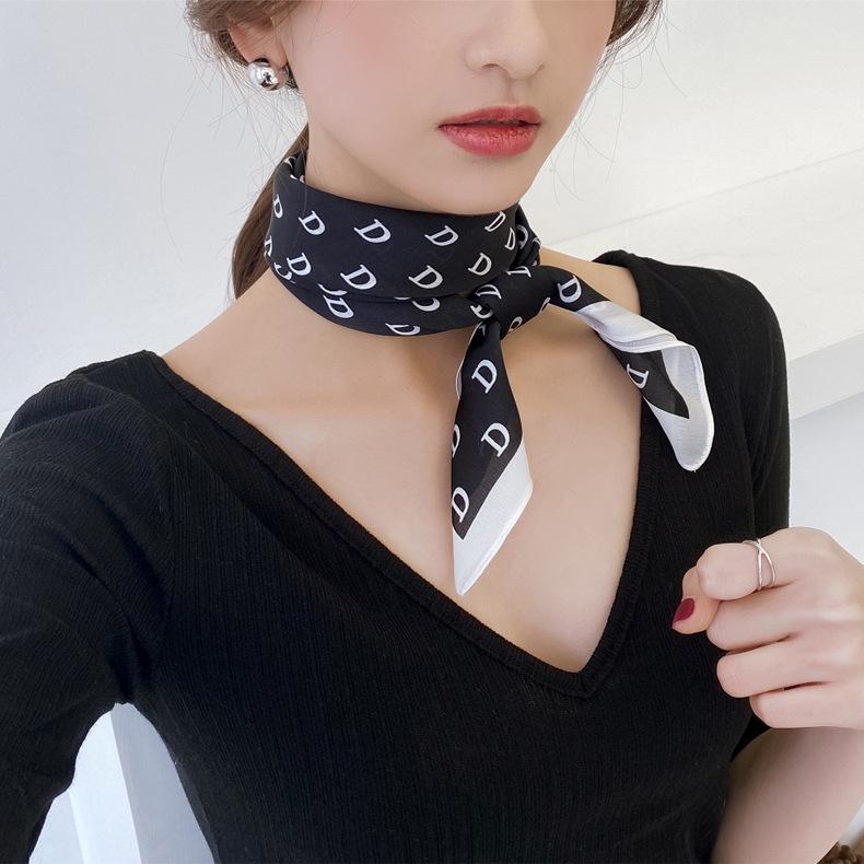 New Korean Style Silk Fashion Neck Scarf - Spring/Summer Thin Faux Silk Printed Scarf for Women.