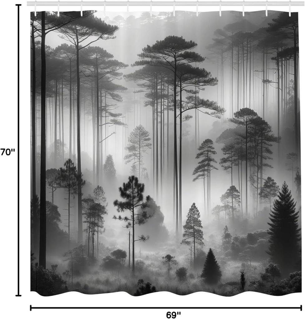 black and white shower curtain misty tall trees woodland natural landscape fabric bathroom decoration shower curtain with hook