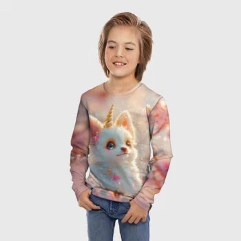 Children's Cartoon Fox Kitten Printed Animal T-shirt Boys Cute Long Sleeved Soft Comfortable Top