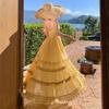 French Beautiful Yellow Skirt Collar Suspender Dress Women's Summer Seaside Vacation Elegant Fairy Big Swing Dress
