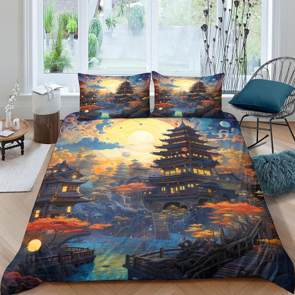 Ancient Chinese Architecture Duvet Cover for Teens Adults Quilt Covers Lightweight Down 2 Pillowcases 1 Duvet Cover No Comforter