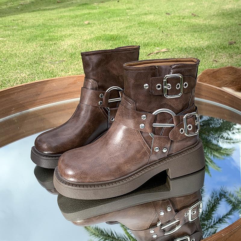 Retro Denim Metal Belt Buckle Short Boots New Women's Shoes Spring and Summer Soft Leather Middle Heel Sleeve Tide