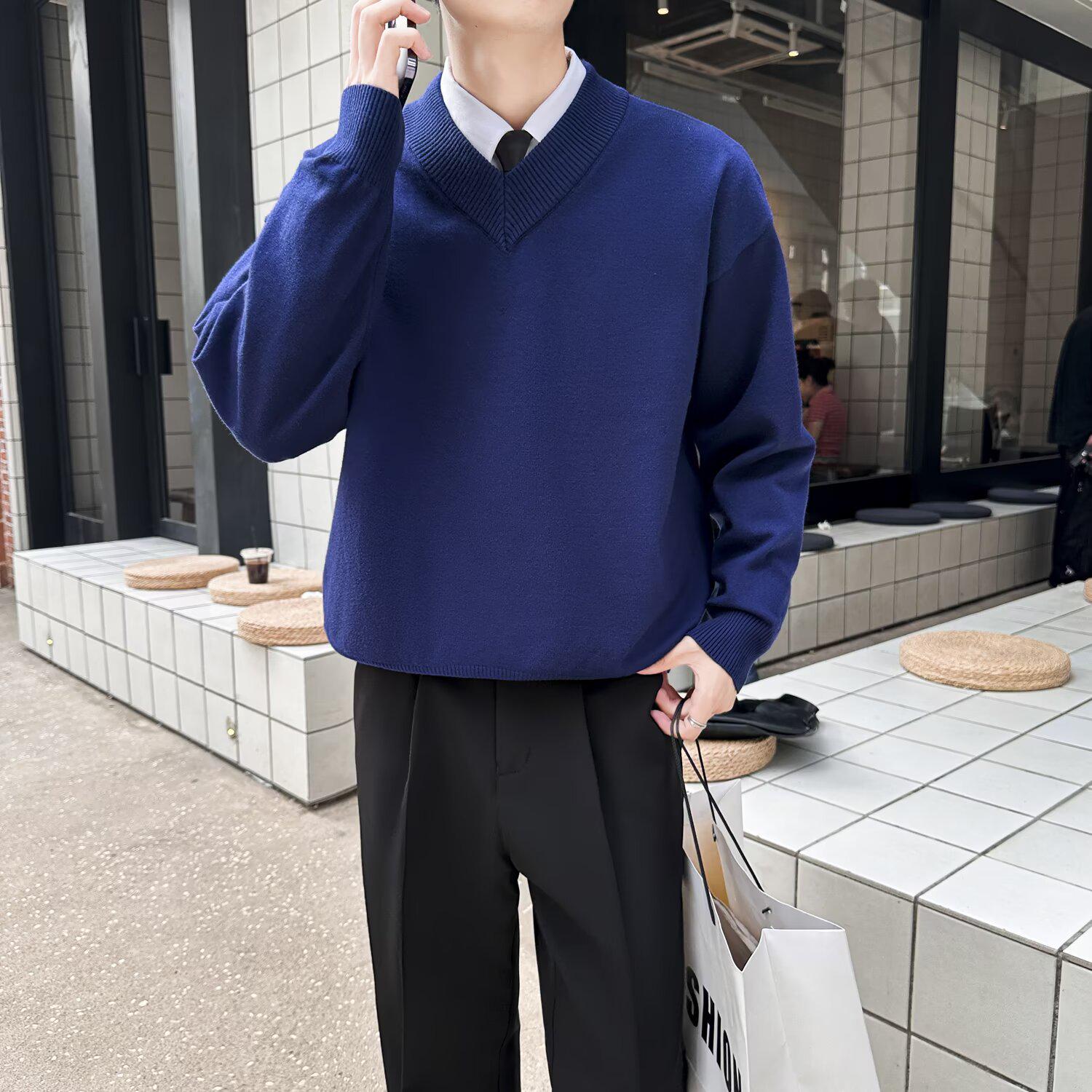 Unisex Retro V-Neck Sweater - Two-Piece Look, Autumn/Winter Style Large синий