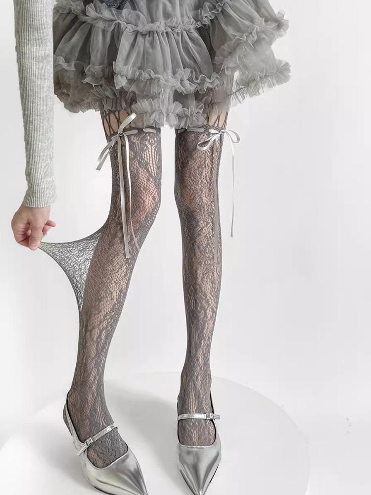 Women Sexy See Through Mesh Sheer Fishnet Stockings JK Uniform Bow Tie Strap Lace Bottoming Pantyhose New Design Beige Tights