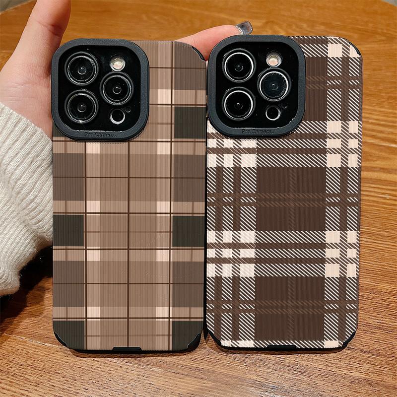 Vertical Grain Leather Shell Fashion Grid Printed Cover Patterned Soft Silicone Case with Camera Lens Full Protection for iPhone