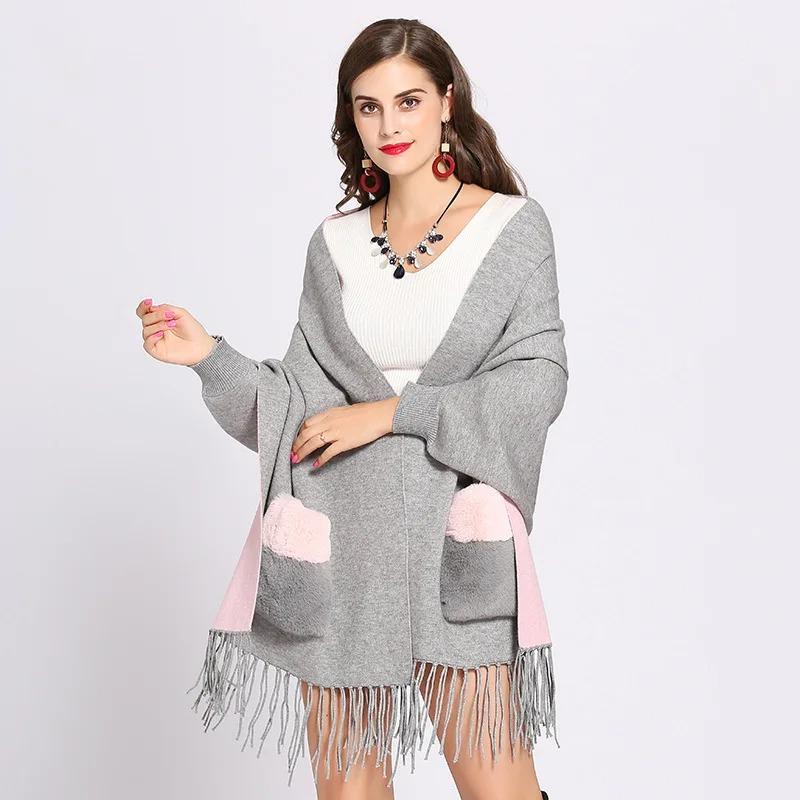 Winter Faux Cashmere Poncho Loose Streetwear Women Batwing Sleeve Shawl Capes Fur Pocket Female Oversize Tassel Knitted Cloak