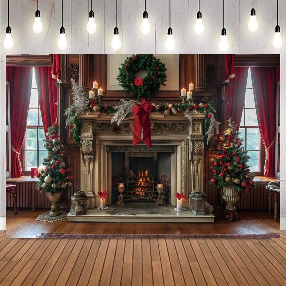 Christmas Photo Backdrop Fireplace Wreath Gifts Red Socks Xmas Tree Family Party Decor Banner Photography Background Props10