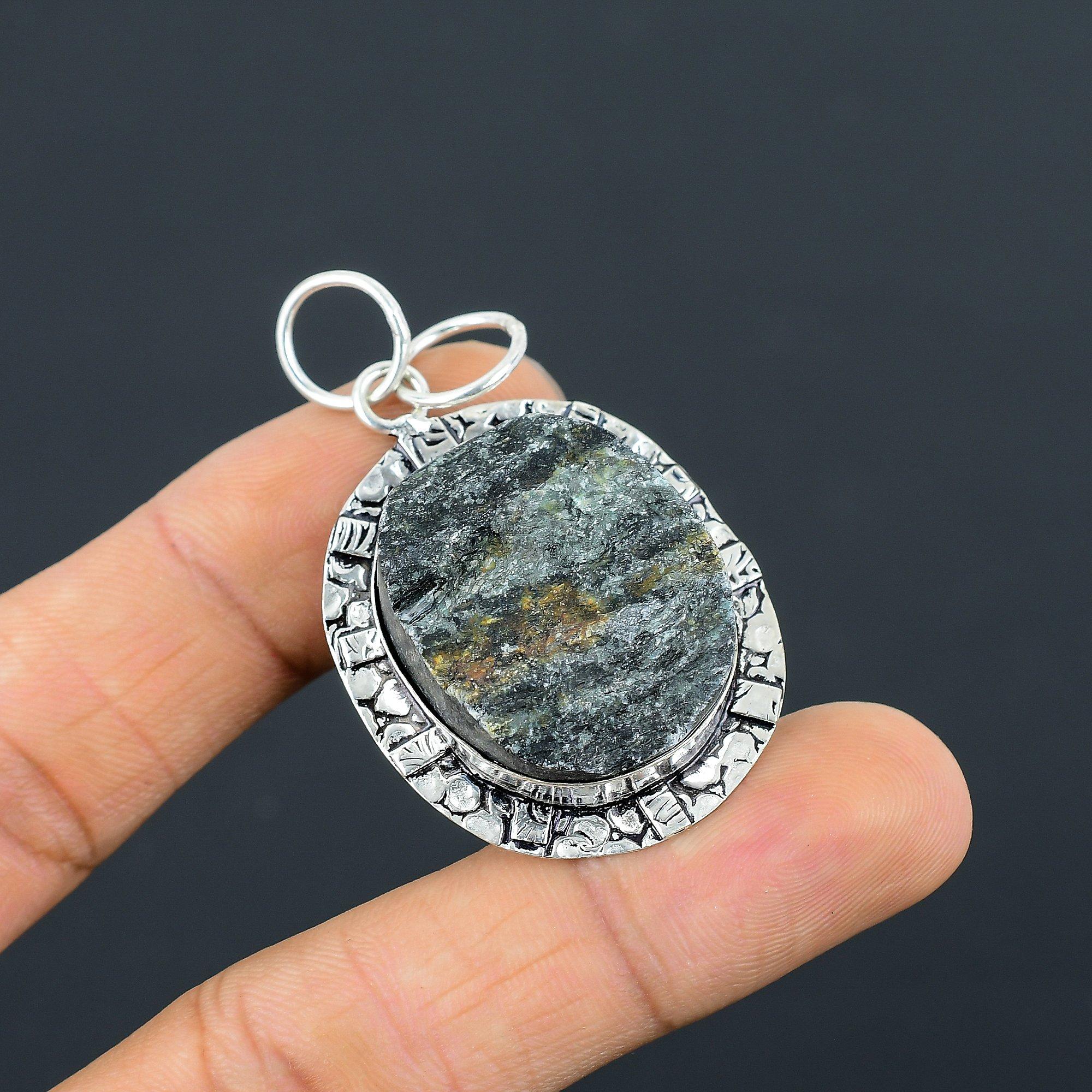 

925 Sterling Silver Oval Natural Black Tourmaline Rough Bezel Pendant Jewelry