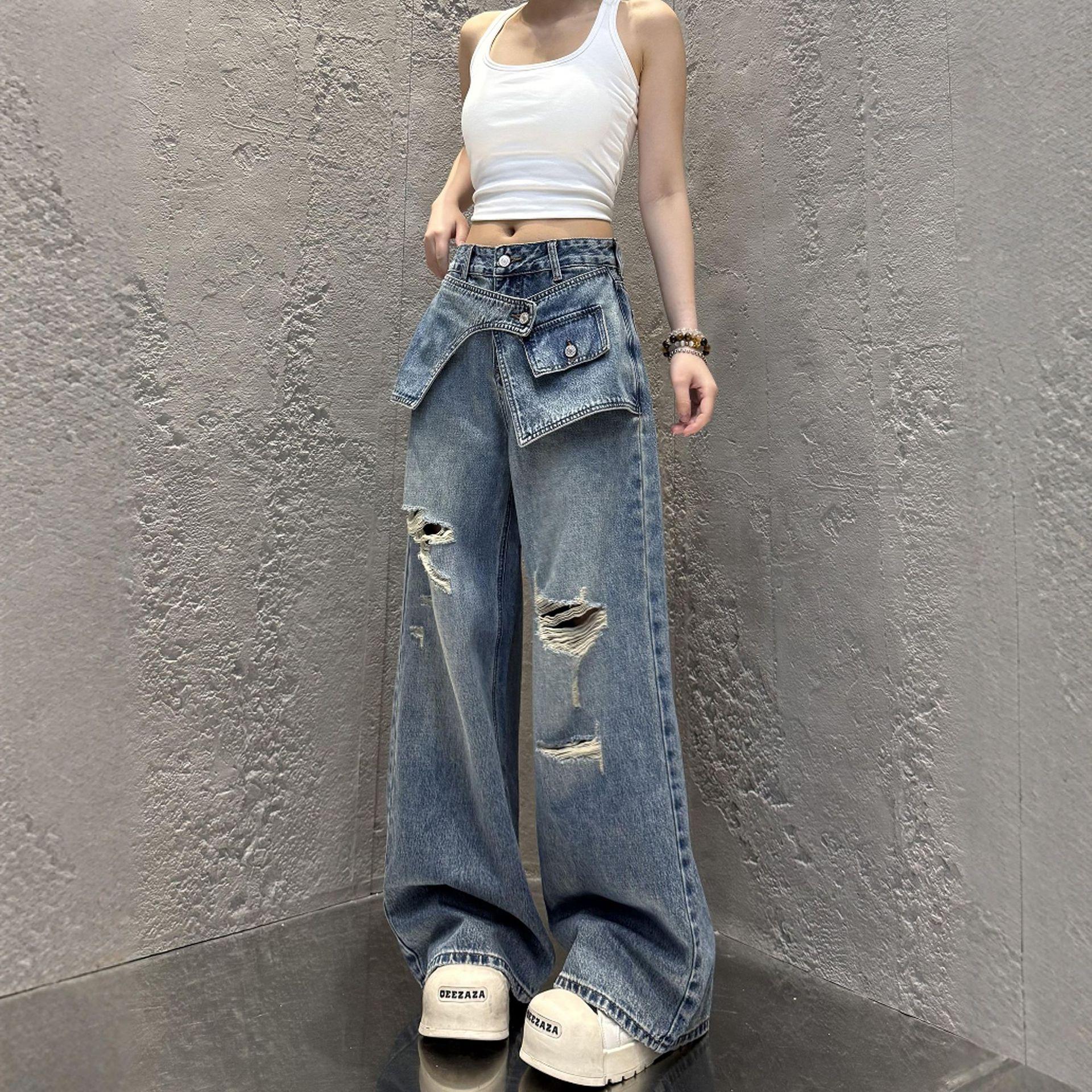 

2025 Summer Plus-Size Ripped Wide-Leg Jeans for Women - Slimming Loose Fit American Style 2XL