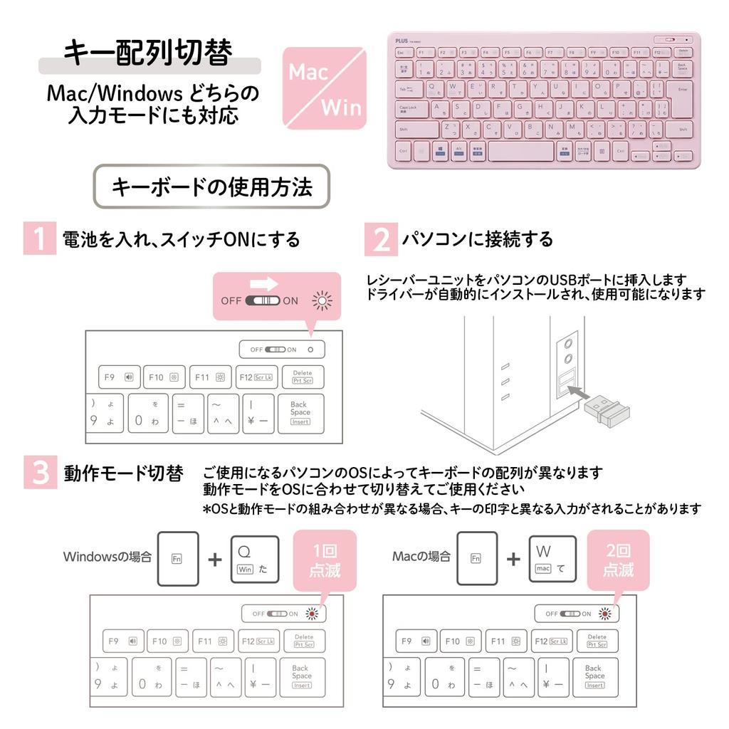 PLUS Keyboard Jibuniro Wireless Keyboard Pink Thin/Mini TW-KB002 428-855
