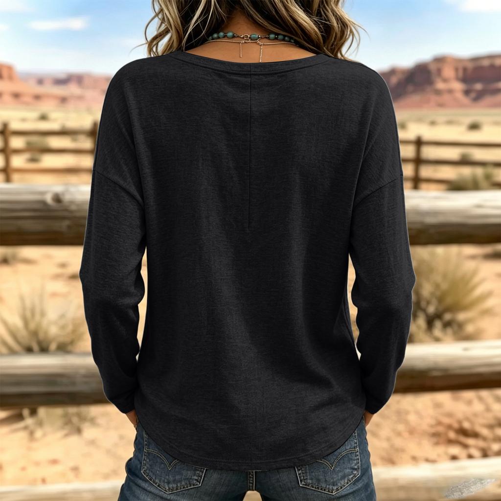 Women's Casual Long Sleeve Top V Neck Lightweight Pullover Loose Fit Soft Fabric Stylish Design with Frayed Trim Detail for Everyday Wear