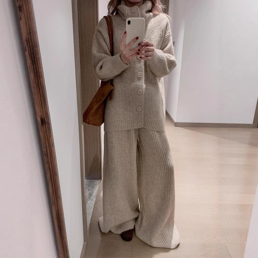 Knitted Sweater Set for Women's Autumn and Winter, Loose Wide-leg Casual Pants, Fashionable and Stylish Two-piece Set