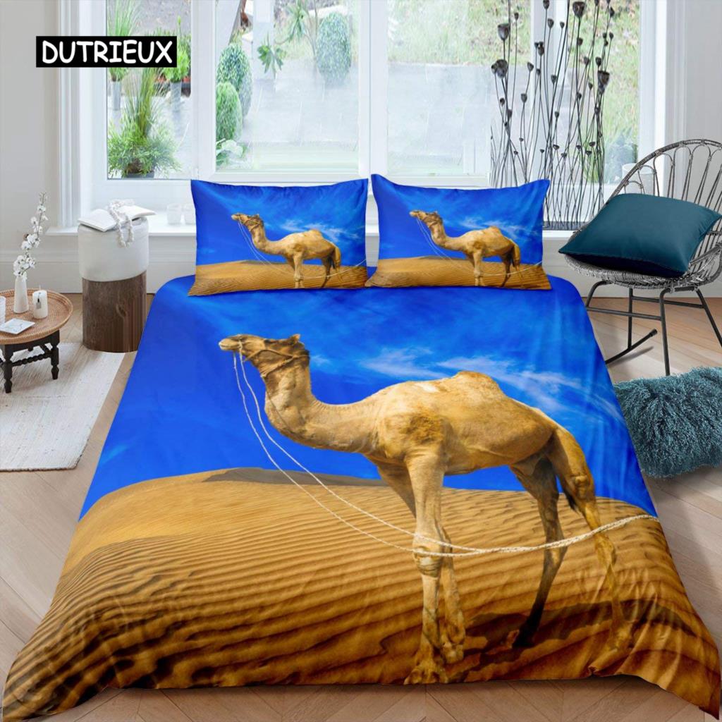 Camel Duvet Cover Set Sunset Desert Adventure Tehme Quilt Cover King Size Wildlife Animal Bedding Set for Children Teens Young