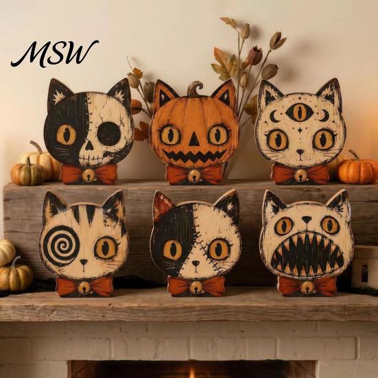 Three-dimensional Layered Painting Ornaments Halloween Wooden Ornaments, Distressed Pumpkin/Cat Decorations, Desktop & Wall Durable Wood Tabletop Art