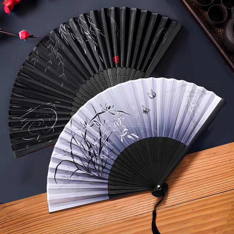 Ancient Chinese Style Black Bamboo Folding Fan for Women's Hanfu Dance Costume