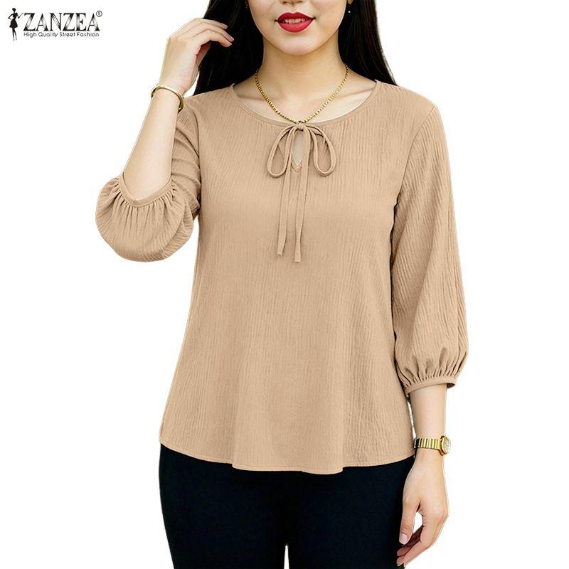 ZANZEA Blusa informal holgada de color liso con cuello redondo y mangas 3/4 para mujer