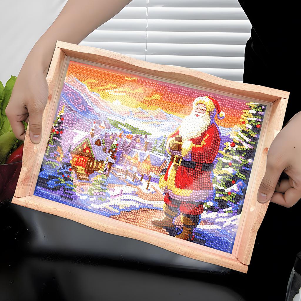 Christmas Diamond Painted Wooden Dining Plate With Side Handles Handmade Tableware Manager Tray For Dish Snack Salad Dessert