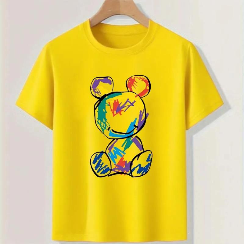 Graffiti Bear Teenage Colorful Tops Clothing Summer Boys Casual Cool Streetwear Round Neck Short Sleeve Children T-shirt