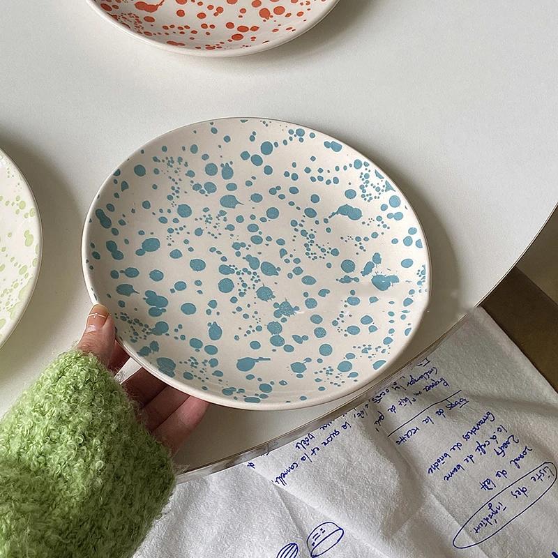 Farfurie ceramică stropită cu cerneală, colorată cu buline, disc pentru pâine, farfurie pentru desert, ceai de după-amiază, tort, farfurie rotundă pentru salată de fructe și legume