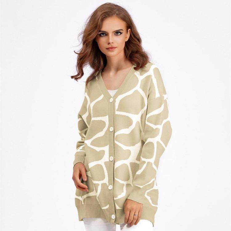 Autumn Winter Women Jacquard Sweater Loose Knit Coat V Neck Long Patterned