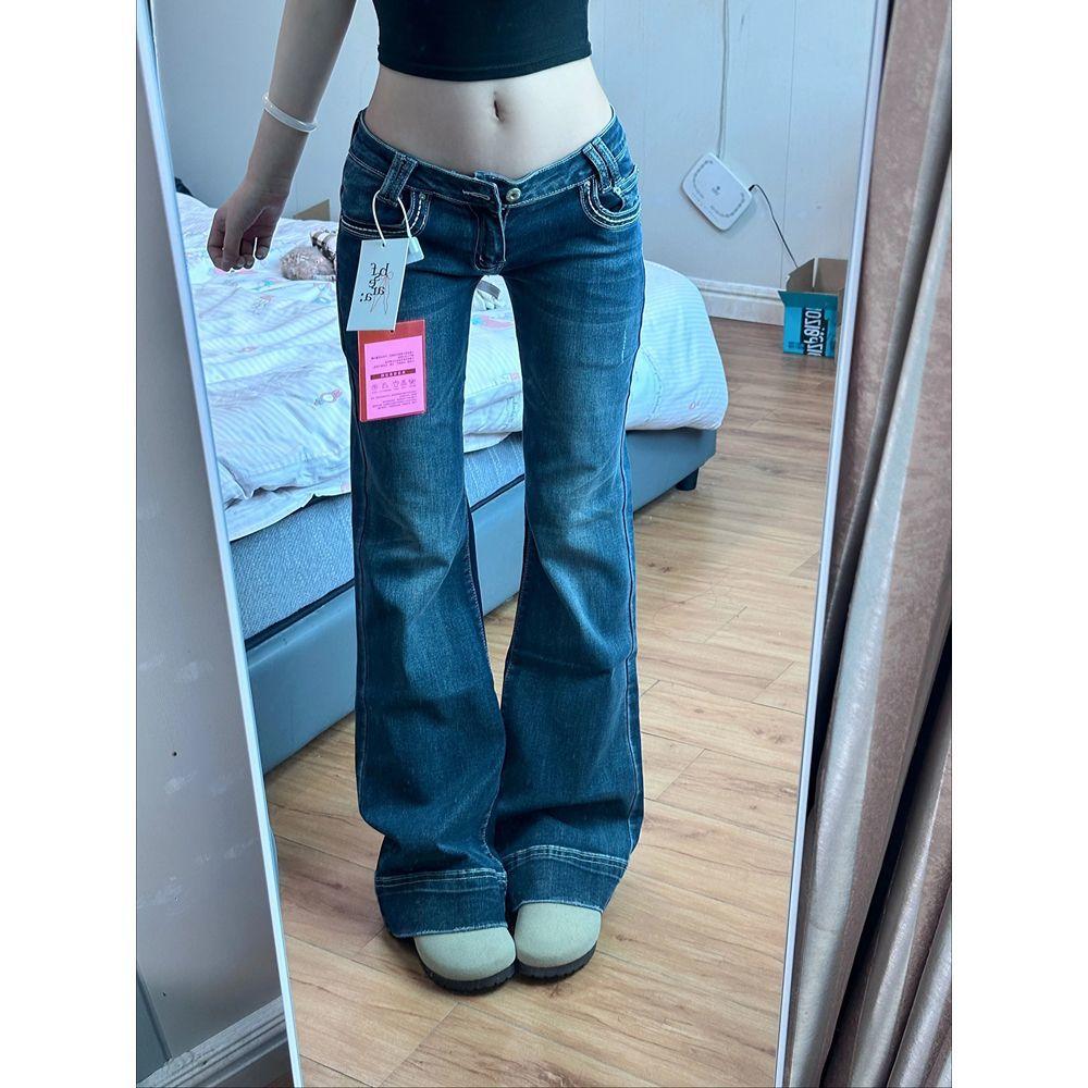 

Винтажные джинсы с низкой посадкой в стиле хай-стрит, женские летние джинсовые брюки Y2K широкие штанины, женские сексуальные облегающие расклешенные брюки M синий