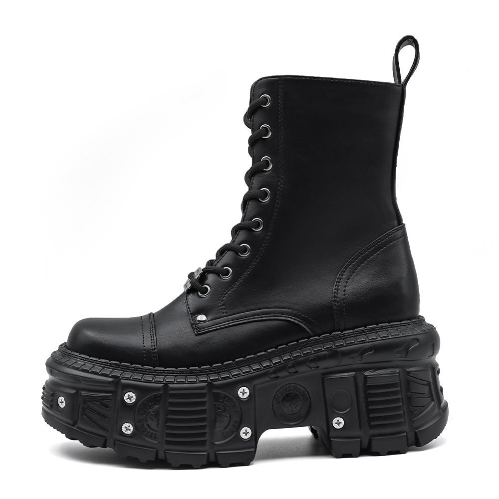 Dark Punk Lace-up Platform Martin Boots - Women's Mid-calf, Thick-soled, Height-increasing for Autumn/Winter 