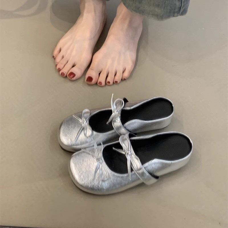 Gentle Bag Head Slippers New Temperament Elegant Bow Round Head Inner Height Lazy Half Drag