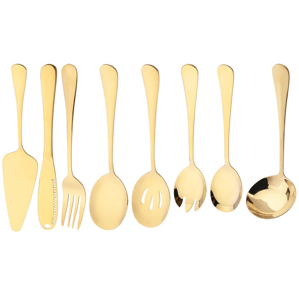 8Pcs Gold Stainless Steel Dinnerware Set Butter Knife Cake Spatula Cutlery Service Soup Spoon Colander Spoon Salad Fork Flatware