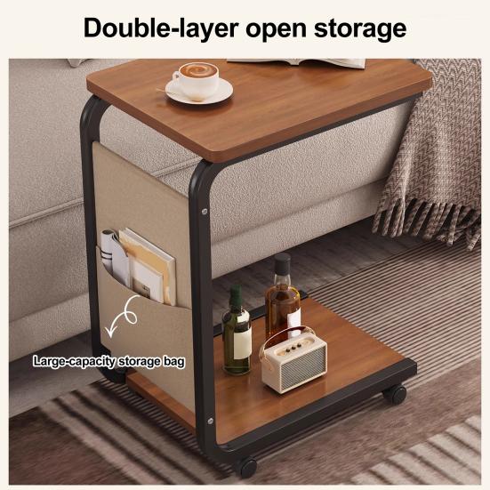 2-stöckiger C-förmiger Beistelltisch Rollender kleiner Kaffeetisch mit hölzerner Tischplatte Metallrahmen Wohnzimmer Schlafzimmer Ecke Nachttisch Schreibtisch mit Rädern