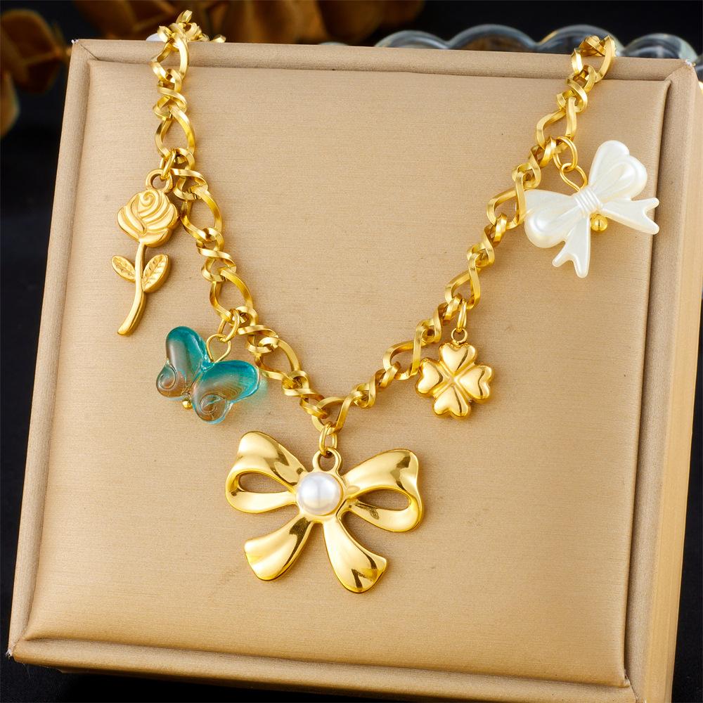 Vintage Multi Element Heart Bow Shell Cherry Cross Eye Chain Necklace