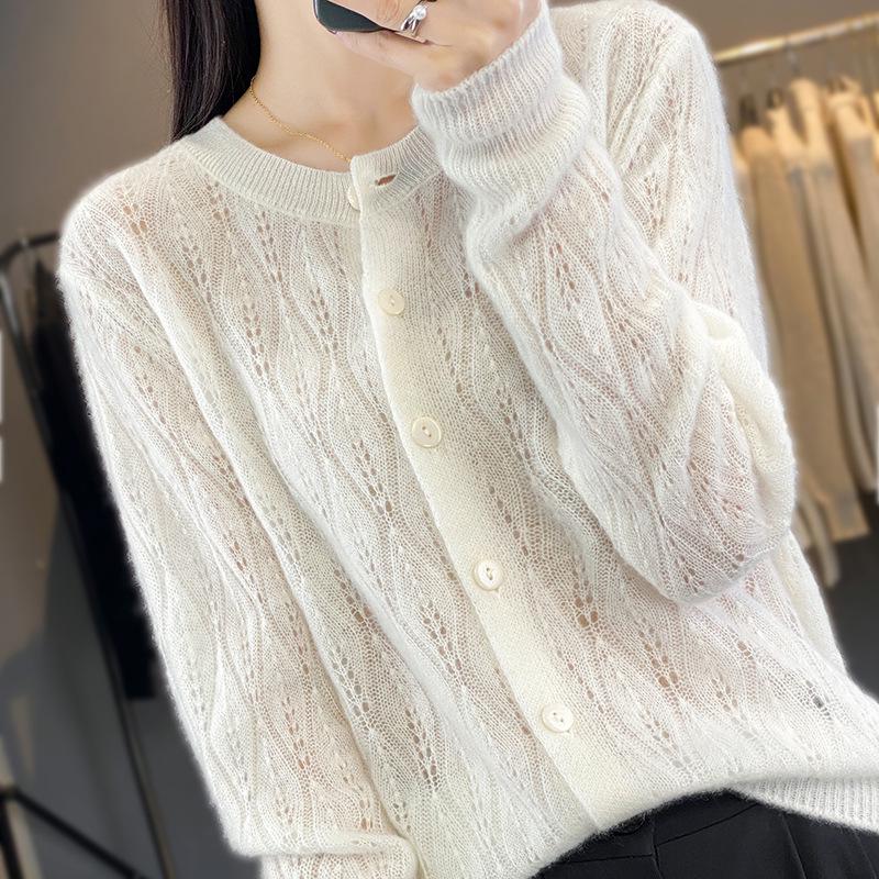 2023 Women's Retro Loose Round Neck Hollow Pure Wool Cardigan Sweater Knit - Early Autumn