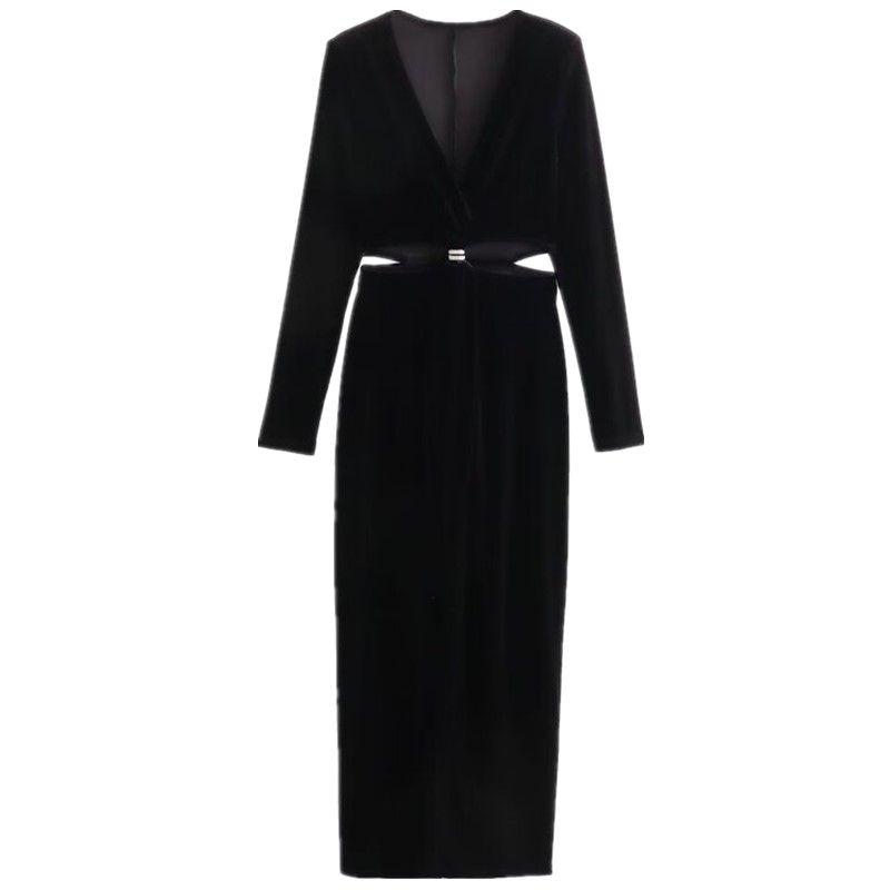 

Fashion Style Winter New Women s Clothing Silm Open Design Velvet Midi Skirt Dress 6962224 800 Black L