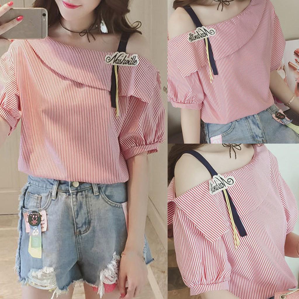 

Модная женская верхняя полосатая рубашка на одно плечо с коротким рукавом, свободная блузка XXL розовый
